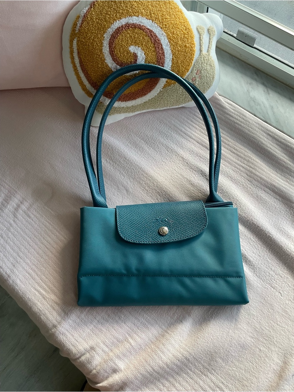 Longchamp Teal Nylon Shoulder Bag with Leather Flap